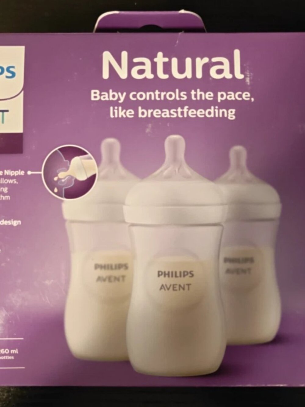 Philips Avent Natural Baby Clear Bottle 9oz 3 pack 1m+ New in Box (Box damaged)